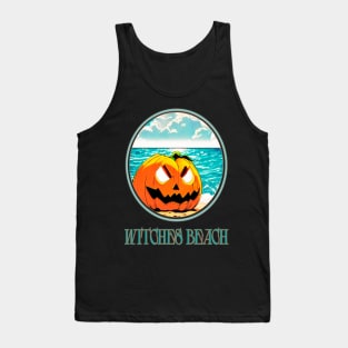 aggressive laughing halloween pumpkin on the beach with a tan on the bloody witches beach Tank Top